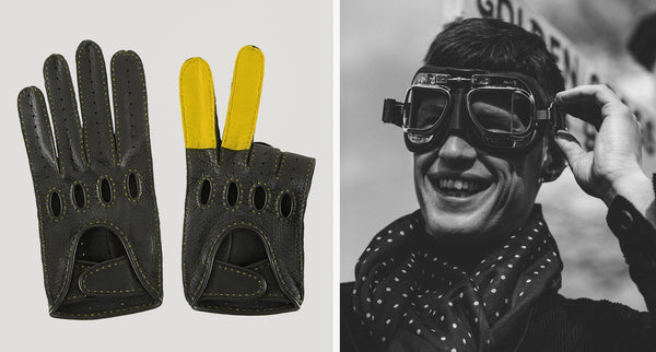 A composition of a pair of gloves and a gentleman wearing driving goggles