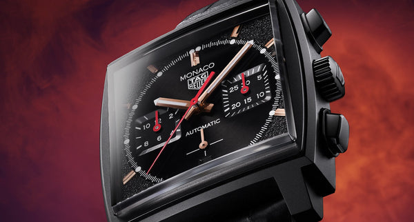 A face shot of the TAG Heuer Monaco known as the Dark Lord on stylised background
