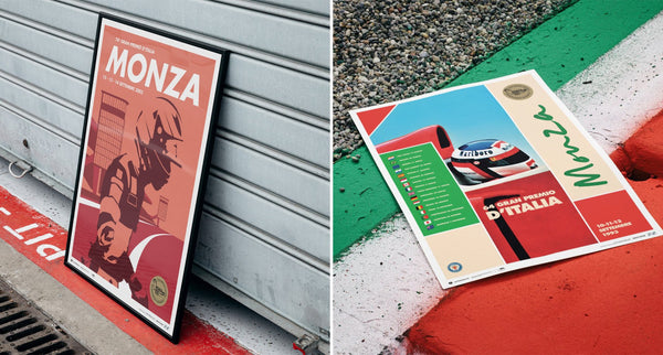 A selection of posters from Automobilists collection celebrating 100 years of Monza