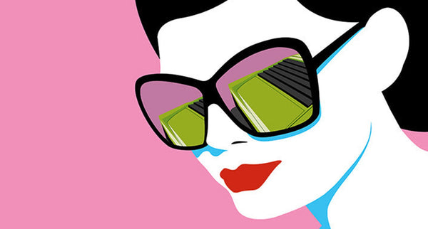 A pop art inspired of a lady wearing sunglasses with the reflection of a car