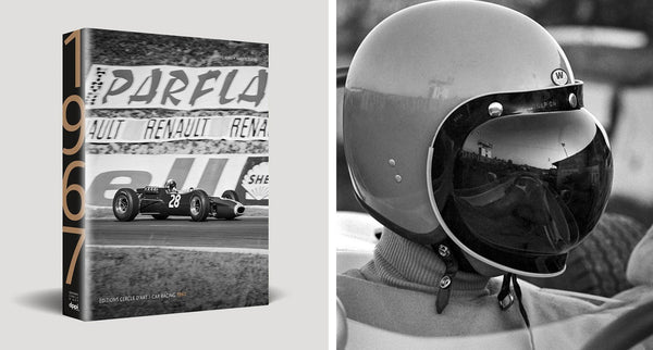 A collage of the Cercle D'art book with an image of a driver wearing a helmet take from the book