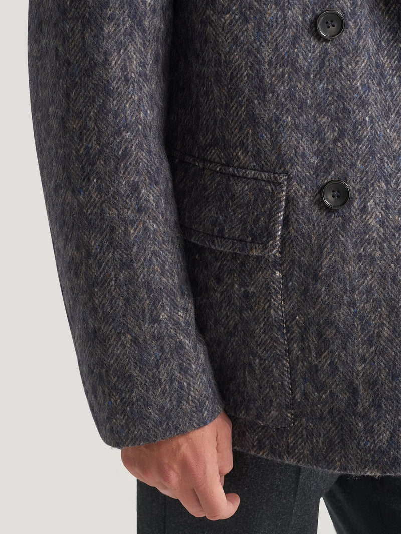 Navy Herringbone Wool Reefer Jacket