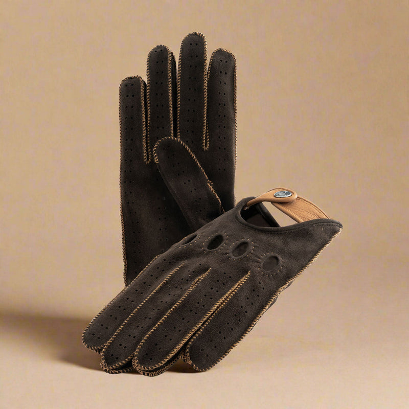 Brown leather suede italian driving gloves