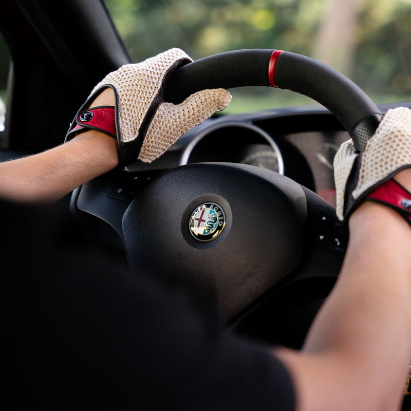 Crochet RPM white red brown driving gloves