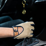 Crochet blue string back spago driving gloves