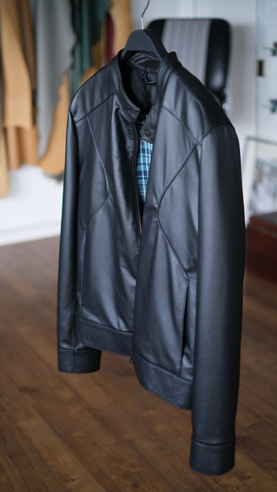 Hantritt® Black Leather Jacket Madras Blue