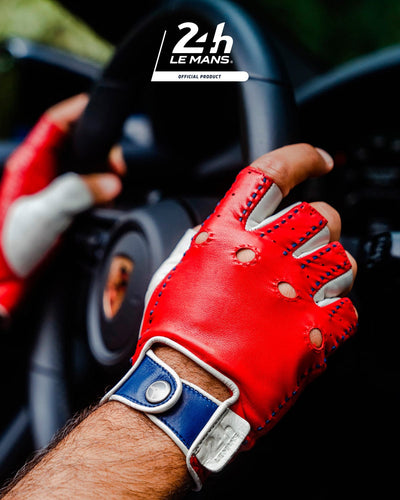 THE OUTLIERMAN gloves TERTRE ROUGE 24 Heures du Mans - Fingerless Driving Gloves - Racing Red/Bianco Italia/Tour de France Blue